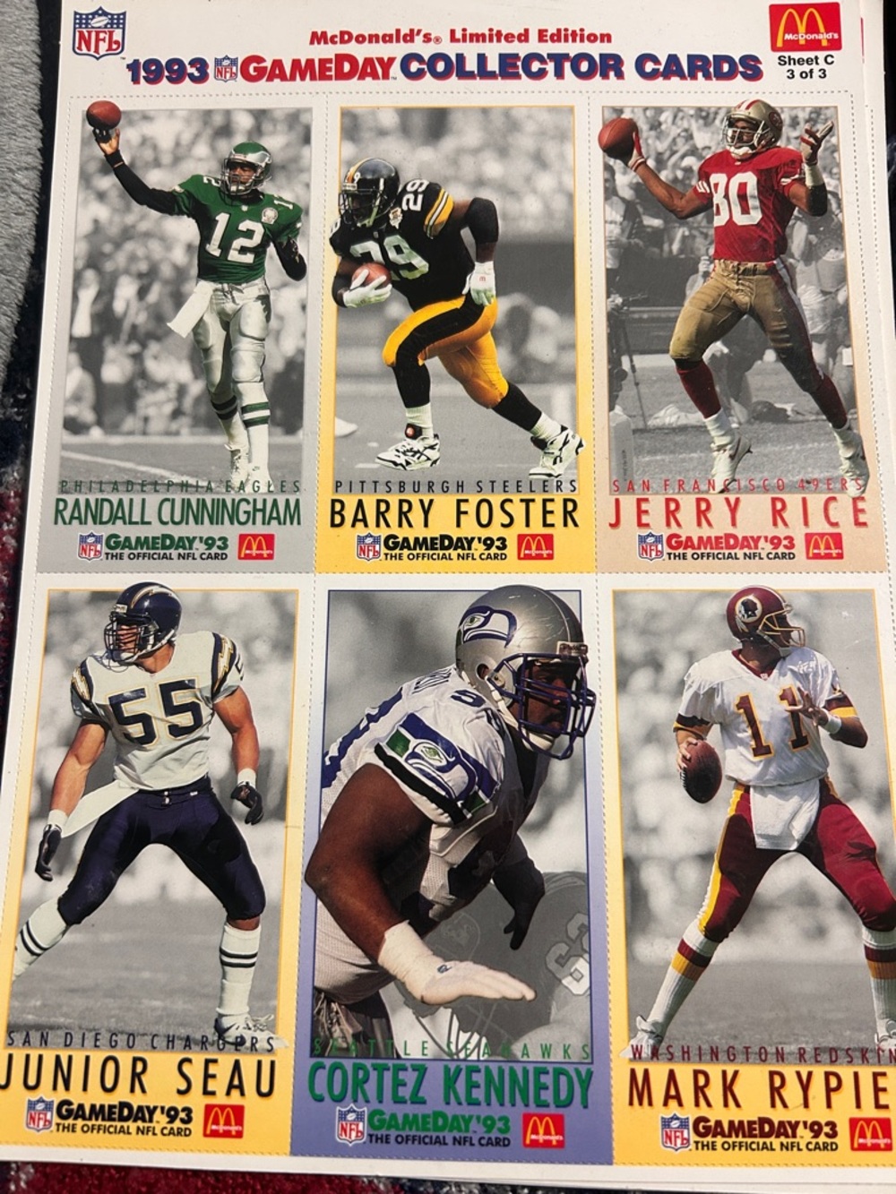 Set of 3 McDonald's 1993 GameDay Collector Card Sheet